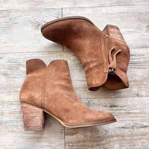 Frye Judith Ash Double Zip Suede Ankle Boots Cognac 8.5M 2.5" Heel Brown Western